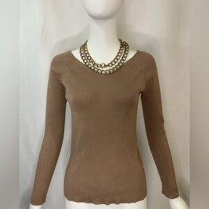 🤎 COS Ribbed Knit Long Sleeve Top – Size M – Neutral Beige Taupe Mushroom Brown